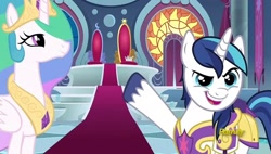 Size: 1908x1080 | Tagged: safe, screencap, character:princess celestia, character:shining armor, species:alicorn, species:pony, species:unicorn, episode:sparkle's seven, g4, my little pony: friendship is magic, crown, cute, discovery family logo, duo, hard-won helm of the sibling supreme, jewelry, regalia, shining adorable, throne