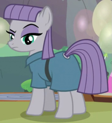 Size: 545x600 | Tagged: safe, screencap, character:maud pie, species:earth pony, species:pony, episode:student counsel, animation error, butt, clothing, cropped, dress, female, looking at you, looking back, looking back at you, mare, maud pie is not amused, plot, raised eyebrow, solo, tail hole