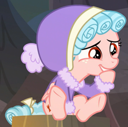 Size: 729x725 | Tagged: safe, screencap, character:cozy glow, species:pegasus, species:pony, episode:frenemies, g4, my little pony: friendship is magic, clothing, cozybetes, cropped, cute, female, filly, hat, hoof on chin, sitting, solo, sweater