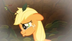 Size: 2048x1152 | Tagged: safe, screencap, character:applejack, species:earth pony, species:pony, episode:going to seed, g4, my little pony: friendship is magic, crying, cute, female, filly, filly applejack, jackabetes, profile, sad, sadorable, solo, teary eyes, younger