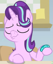 Size: 725x862 | Tagged: safe, screencap, character:starlight glimmer, species:pony, species:unicorn, episode:student counsel, bracelet, cropped, eyes closed, faec, female, jewelry, majestic as fuck, mare, silly, silly pony, solo, starlight's bracelet