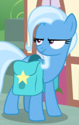 Size: 297x470 | Tagged: safe, screencap, character:trixie, species:pony, species:unicorn, episode:student counsel, cropped, female, saddle bag, solo, trixie is not amused, unamused