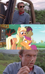 Size: 1904x3112 | Tagged: safe, screencap, character:mane allgood, character:scootaloo, character:snap shutter, species:earth pony, species:human, species:pegasus, species:pony, episode:the last crusade, g4, my little pony: friendship is magic, alan grant, cartoonito logo, clothing, crossover, cutie mark, family, female, filly, foal, gift from god, hat, irl, irl human, it's happening, jurassic park, male, man, mare, meme, photo, sam neill, shirt, stallion, the cmc's cutie marks