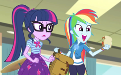 Size: 500x310 | Tagged: safe, screencap, character:rainbow dash, character:twilight sparkle, character:twilight sparkle (scitwi), species:eqg human, episode:overpowered, g4, my little pony:equestria girls, backpack, cute, dashabetes, food, geode of super speed, glasses, magical geodes, open mouth, ponytail, sandwich