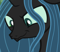 Size: 209x179 | Tagged: safe, editor:undeadponysoldier, gameloft, screencap, character:queen chrysalis, species:changeling, species:pony, adorable face, caption, changeling queen, close-up, cropped, cute, cutealis, ear down, evil smirk, extreme close up, female, game, looking at you, mare, silly face, smiling, smirk, solo