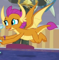 Size: 487x495 | Tagged: safe, screencap, character:smolder, species:dragon, episode:a matter of principals, g4, my little pony: friendship is magic, bracelet, claws, cropped, cute, dragoness, female, flying, horns, jewelry, offscreen character, raised eyebrow, smolderbetes, solo focus, spread wings, teenaged dragon, teenager, toes, wings