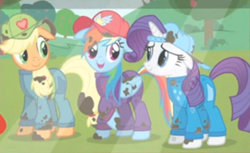 Size: 479x293 | Tagged: safe, editor:sponandi, screencap, character:applejack, character:rainbow dash, character:rarity, species:earth pony, species:pegasus, species:pony, species:unicorn, episode:the last crusade, g4, my little pony: friendship is magic, backwards cap, cap, clothing, cropped, female, hat, mare, picture, smiling, stain, vest