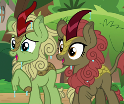 Size: 1280x1080 | Tagged: safe, screencap, character:forest fall, character:maple brown, species:kirin, episode:sounds of silence, g4, my little pony: friendship is magic, cropped, duo, female, male, open mouth, smiling, wet