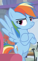 Size: 420x675 | Tagged: safe, screencap, character:rainbow dash, species:pegasus, species:pony, episode:non-compete clause, g4, my little pony: friendship is magic, cropped, crossed hooves, rainbow dash is not amused, solo, unamused