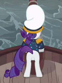 Size: 211x285 | Tagged: safe, screencap, character:rarity, species:pony, species:unicorn, episode:p.p.o.v. (pony point of view), g4, my little pony: friendship is magic, animated, boat, captain rarity, clothing, cropped, face not visible, female, gif, hat, mare, ocean, outfit, plot, ship, solo, water
