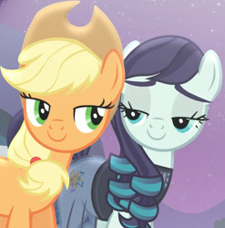 Size: 970x983 | Tagged: safe, screencap, character:applejack, character:coloratura, species:earth pony, species:pony, episode:the mane attraction, g4, my little pony: friendship is magic, cropped, duo, female, lidded eyes, looking at each other, mare, out of context, rara, smiling, stage