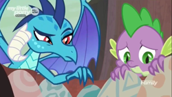Size: 1328x752 | Tagged: safe, screencap, character:princess ember, character:spike, species:dragon, episode:sweet and smoky, g4, my little pony: friendship is magic, claws, discovery family logo, dragon egg, dragon lands, dragon lord ember, dragoness, duo, egg, fangs, female, horns, looking down, male, nest, raised eyebrow, spread wings, touching, winged spike, wings, worried
