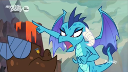Size: 1366x768 | Tagged: safe, screencap, character:princess ember, species:dragon, episode:sweet and smoky, g4, my little pony: friendship is magic, angry, claws, clump, discovery family logo, dragon lord ember, dragoness, female, flying, furious, intimidating, lava, male, scared, spread wings, upset, volcano, wings, yelling