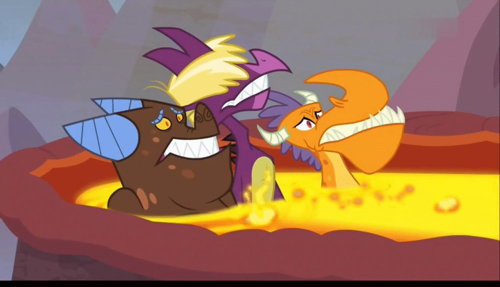 Size: 1000x575 | Tagged: safe, screencap, species:dragon, episode:sweet and smoky, g4, my little pony: friendship is magic, animated, ashamed, billy (dragon), clump, fume, gulp, lava, lava pool, male, sinking, spear (dragon), teenaged dragon, trio