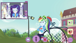 Size: 1334x750 | Tagged: safe, screencap, character:rainbow dash, character:rarity, episode:festival looks, g4, my little pony:equestria girls, geode of shielding, geode of super speed, magical geodes, rainbow dash is not amused, unamused