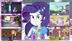 Size: 1334x750 | Tagged: safe, screencap, character:applejack, character:fluttershy, character:gummy, character:pinkie pie, character:rainbow dash, character:rarity, character:sunset shimmer, character:twilight sparkle, character:twilight sparkle (scitwi), species:eqg human, episode:festival looks, g4, my little pony:equestria girls, female, geode of empathy, geode of fauna, geode of sugar bombs, humane five, humane seven, humane six, magical geodes, picture in picture