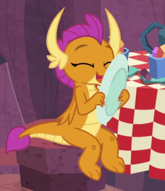 Size: 324x376 | Tagged: safe, screencap, character:smolder, species:dragon, episode:sweet and smoky, g4, my little pony: friendship is magic, animated, cropped, cute, dish, dragoness, eyes closed, female, gif, licking, plate, smolderbetes, solo, tongue out