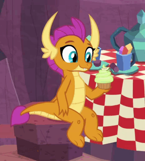 Size: 476x526 | Tagged: safe, screencap, character:smolder, species:dragon, episode:sweet and smoky, g4, my little pony: friendship is magic, animated, cropped, cupcake, cute, dragoness, eating, eyes closed, female, food, gemstones, gif, looking up, sitting, smolderbetes, solo, table, teapot, throw, throwing