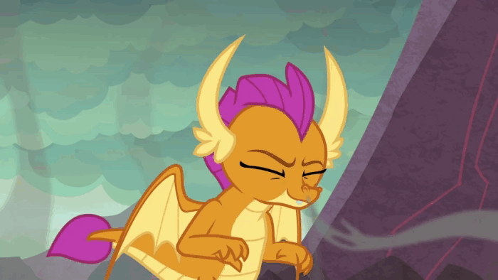Size: 700x394 | Tagged: safe, screencap, character:smolder, species:dragon, episode:sweet and smoky, g4, my little pony: friendship is magic, animated, claws, dragon lands, dragoness, faec, fangs, female, gif, home, home sweet home!, horns, nostalgia, out of context, raised eyebrow, sigh, smoke, solo, spread wings, sulfur, teenaged dragon, teenager, wings