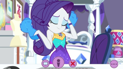 Size: 1336x752 | Tagged: safe, screencap, character:rarity, episode:festival looks, g4, my little pony:equestria girls, bed, chair, clothing, computer mouse, dress, eyes closed, female, keyboard, lamp, mannequin, mirror, ponytail, rarity's bedroom, solo, webcam