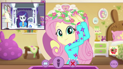 Size: 1336x752 | Tagged: safe, screencap, character:fluttershy, character:rarity, episode:festival looks, g4, my little pony:equestria girls, beanbag chair, bed, clothing, cute, dress, dresser, floral head wreath, flower, fluttershy's bedroom, lamp, rarity's bedroom, shyabetes, webcam, wreath