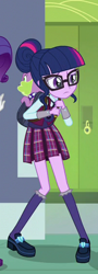 Size: 204x565 | Tagged: safe, screencap, character:rarity, character:spike, character:spike (dog), character:twilight sparkle, character:twilight sparkle (scitwi), species:dog, species:eqg human, equestria girls:friendship games, g4, my little pony:equestria girls, backpack, clothing, cropped, crystal prep academy uniform, female, glasses, hair bun, legs, lockers, male, offscreen character, pleated skirt, school uniform, shoes, skirt, socks
