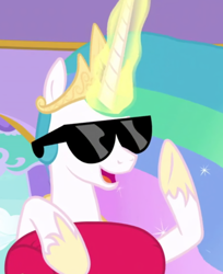 Size: 772x945 | Tagged: safe, screencap, character:princess celestia, species:alicorn, species:pony, episode:between dark and dawn, g4, my little pony: friendship is magic, cropped, crown, female, glasses, glowing horn, horn, jewelry, mare, regalia, smiling, sunglasses, swag