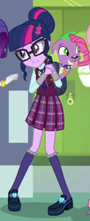 Size: 212x519 | Tagged: safe, screencap, character:fluttershy, character:rarity, character:spike, character:spike (dog), character:twilight sparkle, character:twilight sparkle (scitwi), species:dog, species:eqg human, equestria girls:friendship games, g4, my little pony:equestria girls, clothing, cropped, crystal prep academy uniform, duo focus, female, glasses, hair bun, legs, offscreen character, pleated skirt, school uniform, shoes, skirt, socks, spike's dog collar