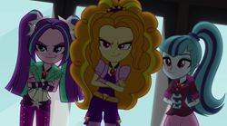 Size: 1280x714 | Tagged: safe, screencap, character:adagio dazzle, character:aria blaze, character:sonata dusk, equestria girls:rainbow rocks, g4, my little pony:equestria girls, >:), clothing, crossed arms, evil grin, female, grin, jewelry, necklace, ponytail, pure unfiltered evil, smiling, the dazzlings