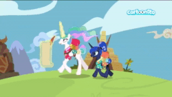 Size: 1280x720 | Tagged: safe, screencap, character:princess celestia, character:princess luna, species:pony, episode:between dark and dawn, g4, my little pony: friendship is magic, animated, cartoonito logo, lotta little things, no sound, webm