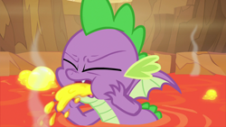 Size: 1280x720 | Tagged: safe, screencap, character:spike, species:dragon, episode:sweet and smoky, g4, my little pony: friendship is magic, cartoon physics, eyes closed, lava, male, vomit, vomiting, winged spike, wings
