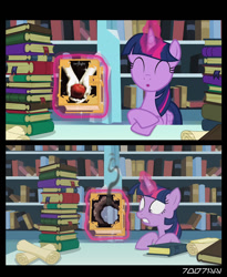 Size: 640x781 | Tagged: safe, edit, edited screencap, editor:teren rogriss, screencap, character:twilight sparkle, character:twilight sparkle (alicorn), species:alicorn, species:pony, episode:the crystalling, g4, my little pony: friendship is magic, 2 panel comic, book, bookshelf, comic, eyes closed, female, glowing horn, gritted teeth, hooves, horn, levitation, magic, mare, screencap comic, scroll, solo, telekinesis, twilight (series)