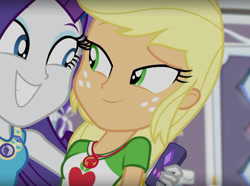 Size: 1301x966 | Tagged: safe, screencap, character:applejack, character:rarity, episode:camping must-haves, g4, my little pony:equestria girls, female, geode of super strength, magical geodes, rarity's bedroom, shipping fuel, smiling