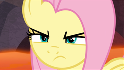 Size: 1667x940 | Tagged: safe, screencap, character:fluttershy, species:pegasus, species:pony, episode:sweet and smoky, g4, my little pony: friendship is magic, angry, badass, close-up, cropped, determined, female, flutterbadass, fluttershy is not amused, mare, narrowed eyes, solo, unamused