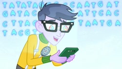 Size: 1280x720 | Tagged: safe, screencap, character:microchips, episode:a banner day, g4, my little pony:equestria girls, cellphone, clothing, dna, double helix, glasses, male, phone, reflection, smartphone, smiling, solo