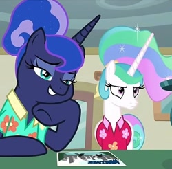 Size: 639x630 | Tagged: safe, screencap, character:princess celestia, character:princess luna, species:pony, episode:between dark and dawn, g4, my little pony: friendship is magic, celestia is not amused, cropped, hoof on cheek, postcard, unamused