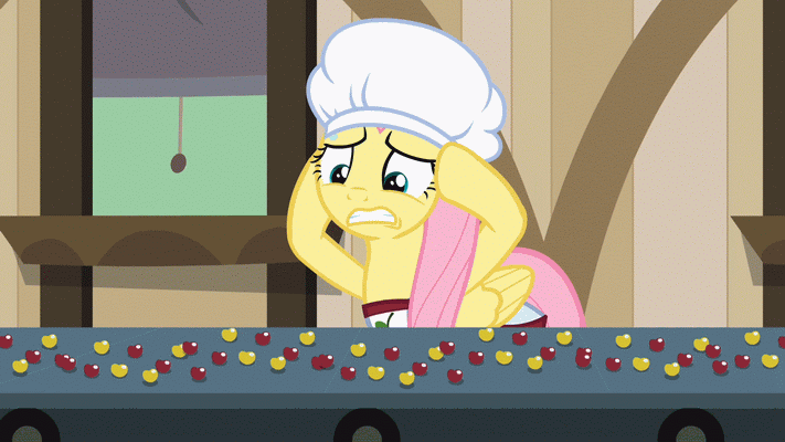 Size: 711x400 | Tagged: safe, screencap, character:fluttershy, episode:the last roundup, g4, my little pony: friendship is magic, animated, cherry, conveyor belt, cute, food, gif, loop, overwhelmed, scared, solo