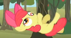 Size: 425x229 | Tagged: safe, screencap, character:apple bloom, species:earth pony, species:pony, episode:the super speedy cider squeezy 6000, g4, my little pony: friendship is magic, apple tree, cropped, derp, dizzy, falling, female, filly, foal, solo, tree