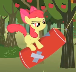 Size: 453x429 | Tagged: safe, screencap, character:apple bloom, species:earth pony, species:pony, episode:the super speedy cider squeezy 6000, g4, my little pony: friendship is magic, apple tree, cropped, determined, female, filly, foal, punching bag, solo, tree