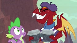 Size: 1920x1080 | Tagged: safe, screencap, character:garble, character:spike, species:dragon, episode:sweet and smoky, g4, my little pony: friendship is magic, beret, bongos, clothing, hat, shirt, winged spike