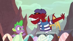 Size: 1920x1080 | Tagged: safe, screencap, character:garble, character:spike, species:dragon, episode:sweet and smoky, g4, my little pony: friendship is magic, beatnik, beret, bongos, clothing, dab, duo, egg, hat, male, winged spike