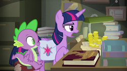 Size: 1280x720 | Tagged: safe, screencap, character:spike, character:twilight sparkle, character:twilight sparkle (alicorn), species:alicorn, species:dragon, species:pony, episode:the point of no return, g4, my little pony: friendship is magic, bits, book, bookshelf, lamp, money, saddle bag, scroll, winged spike