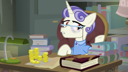 Size: 1920x1080 | Tagged: safe, screencap, species:pony, episode:the point of no return, g4, my little pony: friendship is magic, bits, book, bookshelf, first folio, lamp, money, solo