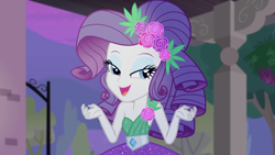 Size: 1920x1080 | Tagged: safe, screencap, character:rarity, episode:pinkie sitting, g4, my little pony:equestria girls, bare shoulders, beautiful, crystal gala, cute, female, flower, flower in hair, lidded eyes, open mouth, raribetes, sleeveless, smiling, solo