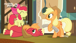 Size: 1920x1080 | Tagged: safe, screencap, character:apple bloom, character:applejack, character:big mcintosh, species:earth pony, species:pony, episode:going to seed, g4, my little pony: friendship is magic, :-s, adorabloom, apple siblings, cute, discovery family logo, excited, eyes closed, female, filly, foal, frown, hoof hold, lying down, male, mare, messy mane, smiling, stallion, tired, trio, trotting, trotting in place