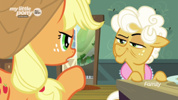 Size: 1600x900 | Tagged: safe, screencap, character:applejack, character:goldie delicious, species:earth pony, species:pony, episode:going to seed, g4, my little pony: friendship is magic, discovery family logo, duo, female, kitchen, mare, narrowed eyes, open door, pointing, smiling, smirk, smug, table, unamused