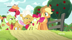 Size: 1600x900 | Tagged: safe, screencap, character:apple bloom, character:applejack, character:big mcintosh, character:goldie delicious, character:granny smith, species:earth pony, species:pony, episode:going to seed, g4, my little pony: friendship is magic, apple, apple family, apple tree, discovery family logo, female, fence, filly, foal, food, male, mare, my little pony logo, raised hoof, road, stallion, tree
