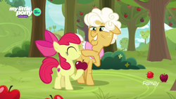 Size: 1600x900 | Tagged: safe, screencap, character:apple bloom, character:goldie delicious, species:earth pony, species:pony, episode:going to seed, g4, my little pony: friendship is magic, apple, apple tree, boop, bush, cute, discovery family logo, duo, eyes closed, female, filly, foal, food, mare, my little pony logo, nose wrinkle, outdoors, raised hoof, tree