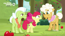 Size: 1600x900 | Tagged: safe, screencap, character:apple bloom, character:goldie delicious, character:granny smith, species:earth pony, species:pony, episode:going to seed, g4, my little pony: friendship is magic, apple, apple tree, discovery family logo, excited, female, filly, foal, food, mare, my little pony logo, outdoors, smiling, tree, trio