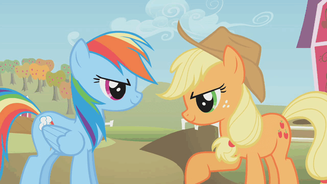 Size: 640x360 | Tagged: safe, screencap, character:applejack, character:rainbow dash, species:earth pony, species:pegasus, species:pony, episode:fall weather friends, g4, my little pony: friendship is magic, animated, duo, female, gif, hoofbump, mare, spit